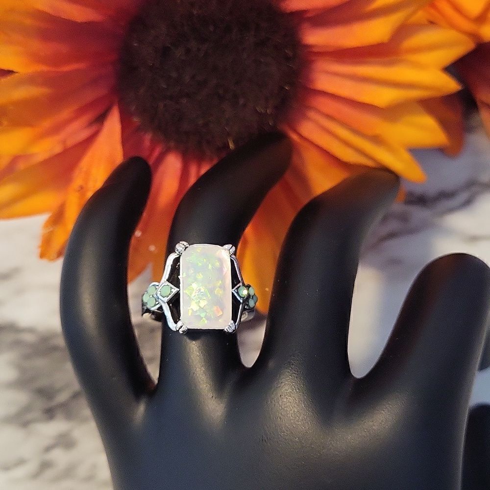 Rectangle White Lab Opal Antique Silvery Rings - Picture 6 of 12